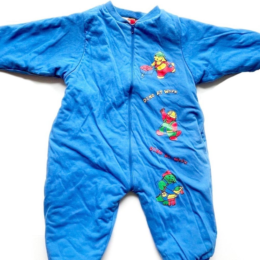 VINTAGE Reversible Mine Alone Dinosaur Zip-Up Cotton Baby Onesie Bunting